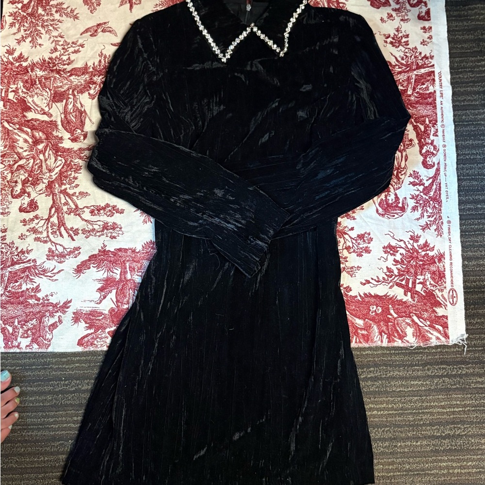 Black Velvet Long-Sleeve Dress with Embellished Collar